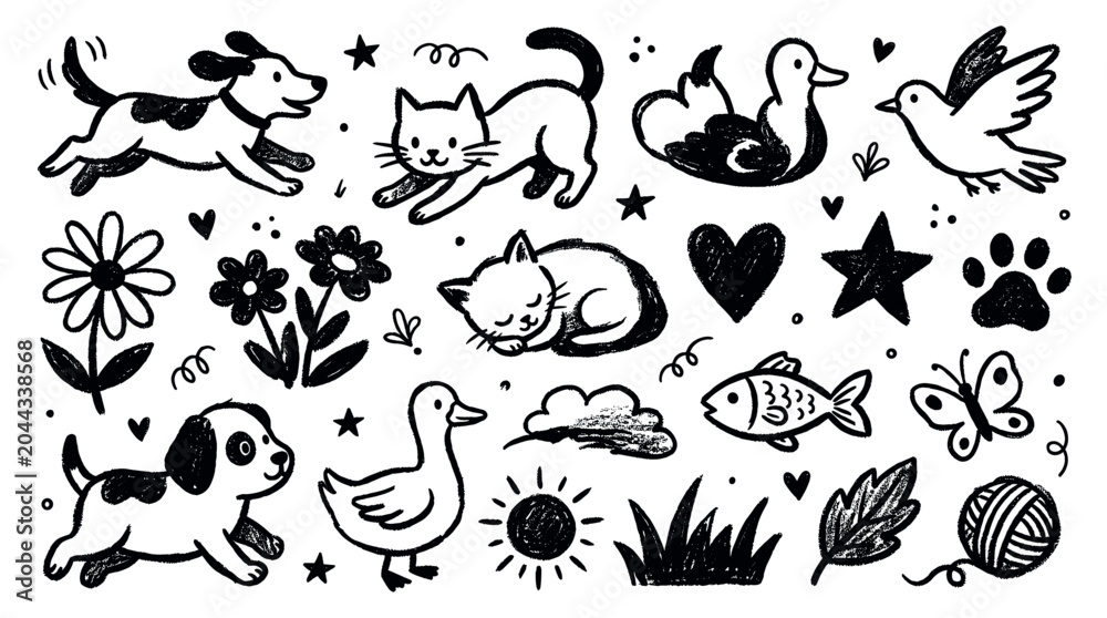 Obraz premium Adorable black and white hand-drawn cartoon animals and nature elements create a charming, playful doodle pattern on a clean white background