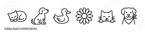 Collection of six simple black outline cartoon icons featuring various animals and a flower on a clean white background