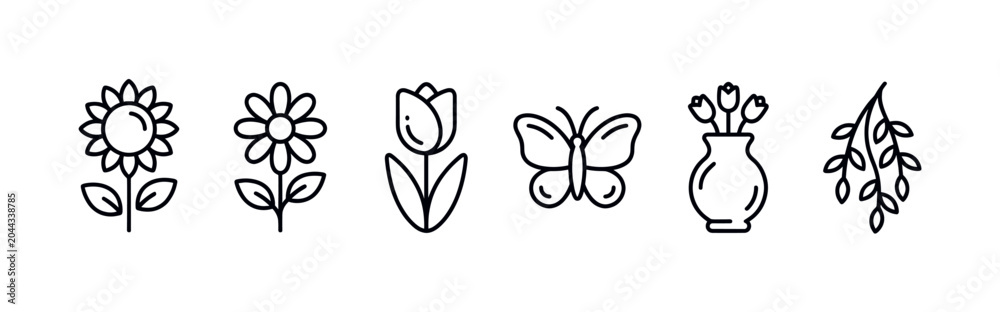 Fototapeta premium Collection of six simple black outline spring-themed icons, including various flowers, a butterfly, and a vase, on a clean white background