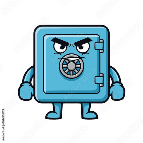 Cropped vector illustration of a grumpy light blue safe character with