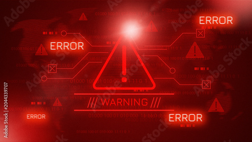 Warning message shows errors on a digital screen in a technology setting at night time