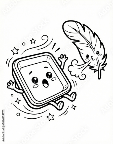 Cute lightweight weighing boat mascot for science laboratory, chemistry equipment cartoon outline illustration for kids coloring book.