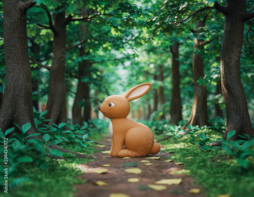 Adorable clay rabbit in whimsical woodland setting
