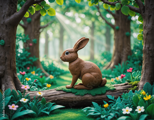 Cute rabbit made of modeling clay in forest background
