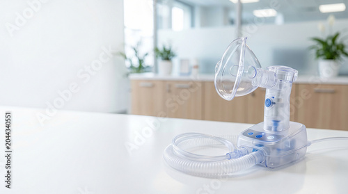 Portable medical nebulizer with mask on white table in clinic