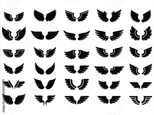 Collection of black silhouette wing icons
