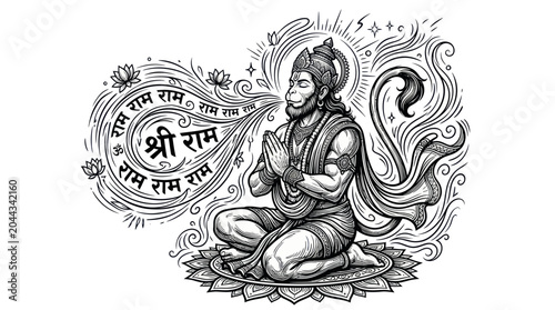 Photography Hanuman meditating and chanting 'Ram Ram' with divine aura and lotus flowers