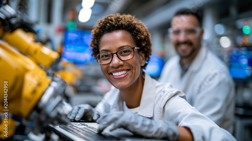 A professional stock photo of a female robotics engineer programming an industrial robotic arm on a modern smart factory floor, male automation specialist observing the process, bl