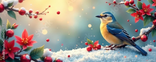 Modern abstract bird & floral Christmas card, bright background, texture, template, design
