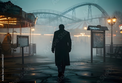 Man in Trench Coat Walking Through Wet Puddles Toward Foggy Amusement Park with Glowing Ferris Wheel at Night
