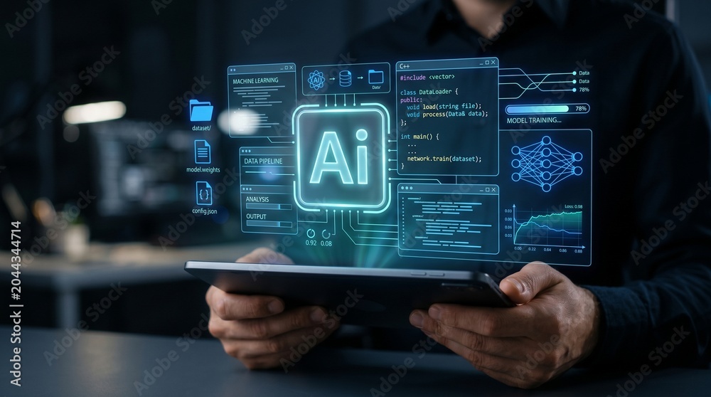 Fototapeta premium Hands holding digital tablet displaying futuristic AI interface with holographic data and coding elements in dark office setting