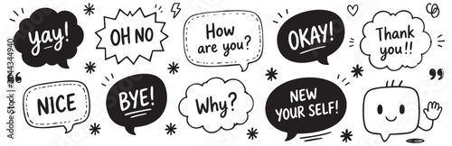 Konstfotografi Set of hand drawn speech bubbles with various expressions like yay, oh no, how are you, okay, thank you, nice, bye, why, new your self and cute character