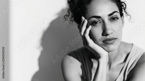 Woman gazing at the camera with a pensive look, gently touching her face, reflecting both deep thought and raw emotion in a monochromatic image