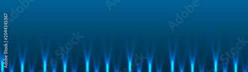 Abstract dark blue horizontal panoramic banner background with futuristic cyber stage spotlights, glowing neon light beams and copy space for web headers.