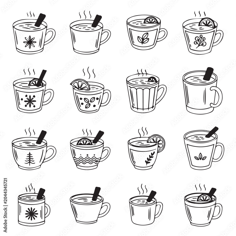 Fototapeta premium Hand drawn hot beverages in decorated mugs with cinnamon sticks and citrus slices for cozy winter season