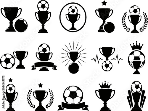 Soccer football trophy cup ball award silhouettes vector icon set isolated