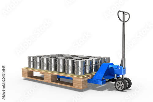 Hubwagen mit Europalette mit Warenlieferung von Metalldosen, Farbdosen, Farbeimer freigestellt auf transparenten Hintergrund. 3d Rendering