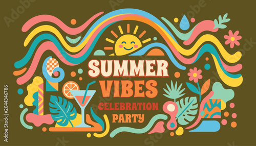 Vibrant retro summer vibes background featuring tropical elements sun cocktail and fluid waves in colorful palette for holiday season celebration party flyer poster banner graphic design template