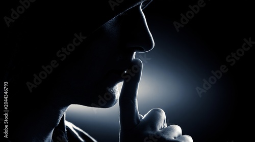Person's silhouette signaling silence, keeping a secret or discretion, with a finger touching lips on a dark background