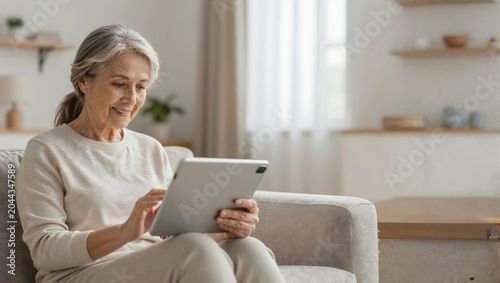 Senior woman video calling family on tablet in cozy living room for connected aging lifestyle