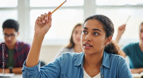 Student raising hand with pencil in classroom, engaging in learning and participating in discussion. Teaching moment enhanced with active involvement and eager expression of student raising hand.
