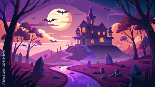 Φωτογραφία Halloween, haunted house, spooky landscape, purple, vector illustration