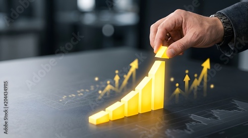 Businessmans Hand Places Final Piece on Glowing Yellow Bar Chart Symbolizing Success and Growth