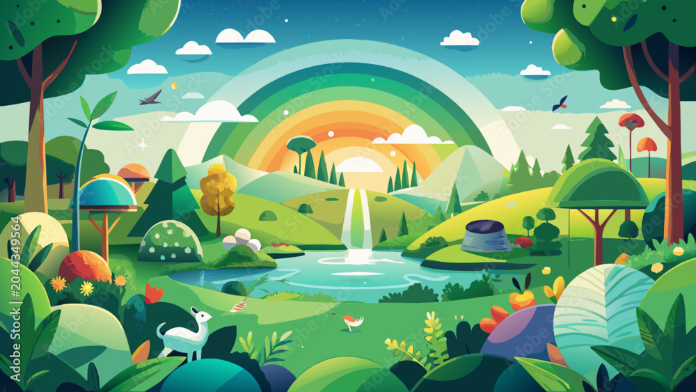 Fototapeta premium Whimsical landscape, colorful rainbow, green hills, cartoon scenery, nature background