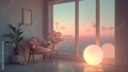 Minimalist calm room with a warm glowing lamp, soft pastel tones, retro-modern decor, gentle evening light and quiet introspective atmosphere, cinematic soft lighting enhancing serene mood