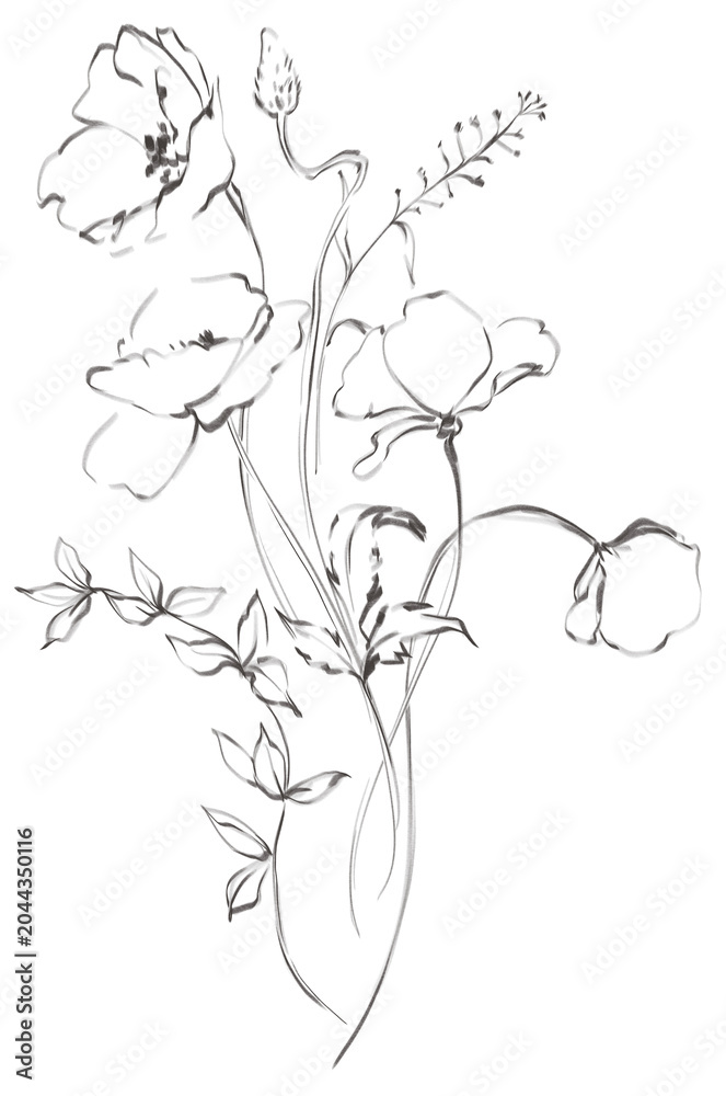 Fototapeta premium Line art floral meadow bouquet pencil sketch, hand drawn bouquet of wildflowers, field floral arrangements