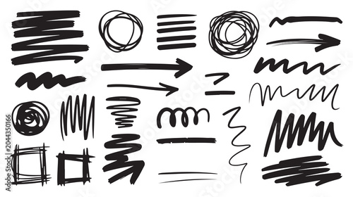 Collection of black hand drawn marker strokes arrows and shapes