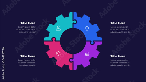 Four Segment Gear Puzzle Infographic for Business Workflow, System Integration and Process Planning on Dark Background