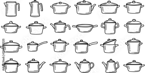 Photos Black and White Line Art Hand-Drawn Kitchen Cookware Collection