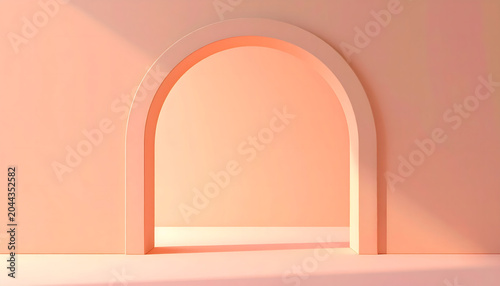 Minimalist abstract geometric background with peach pink arch gateway and shadows for product presentation