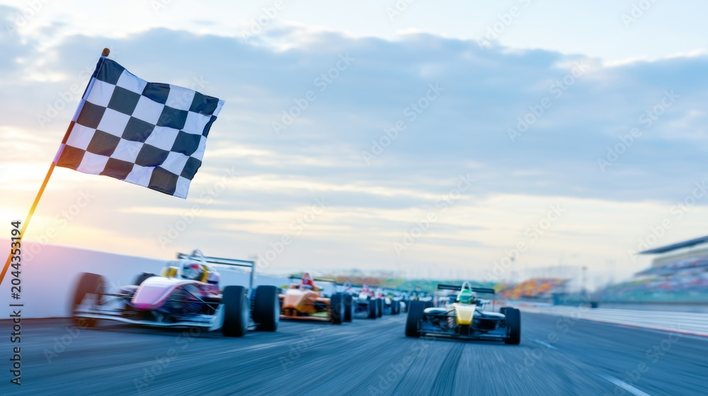 Fototapeta premium Speeding race cars crossing the finish line with a checkered flag waving, showing victory and competition on the track