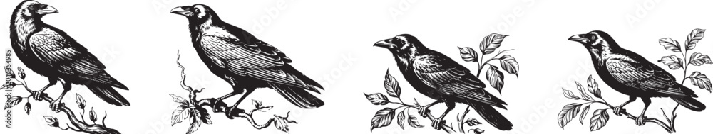 Fototapeta premium Four black crows perched on leafy branches in a woodcut style