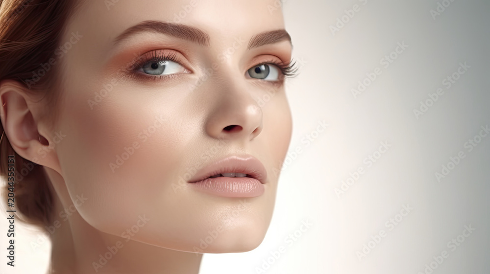 Obraz premium Natural Beauty Headshot of an Attractive Woman with Perfect Skin on Bright Studio Background