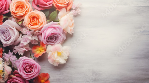 Soft pink rose bouquet on bright pastel background for elegant floral flat lay design on light wooden background