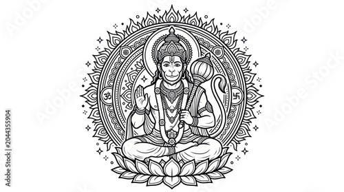 Foto Lord Hanuman sitting in meditation on a lotus, intricate mandala art, Hindu deit