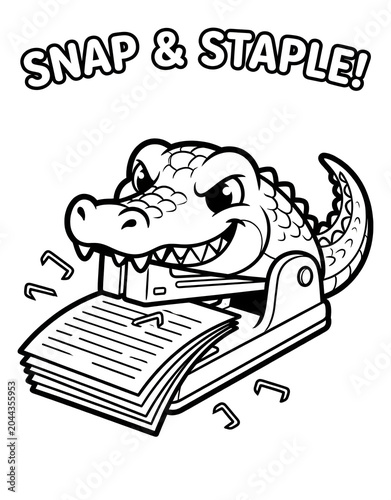 Cute stapler mascot biting paper to bind, office equipment cartoon outline illustration for kids coloring book.