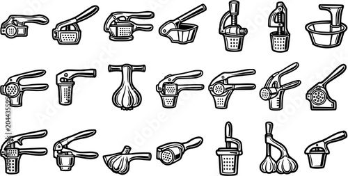 Cuadro en lienzo Food  Kitchen Icons: Black and White Line Art Vector Set of Garlic Presses, Crus