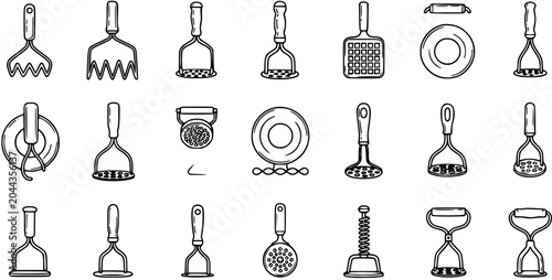 Obraz na płótnie Kitchen Industry Potato Mashers and Cooking Utensils Black and White Line Art Ve