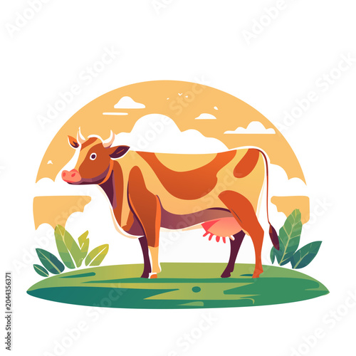 Flat design illustration of a brown and orange cow in a field