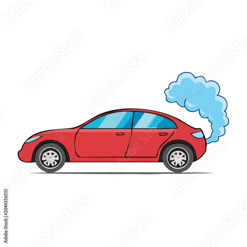 Red car emitting blue exhaust smoke