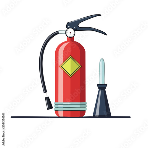 Red fire extinguisher with yellow emblem on white background