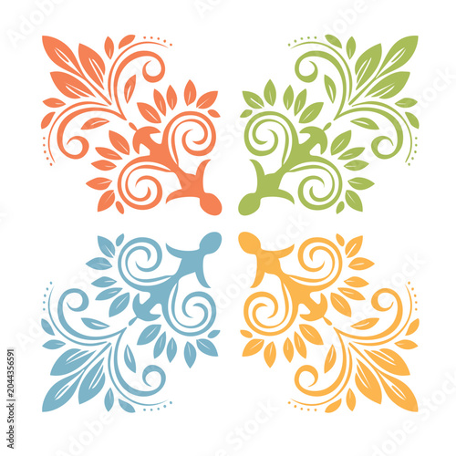Set of four decorative floral corner elements in different colors