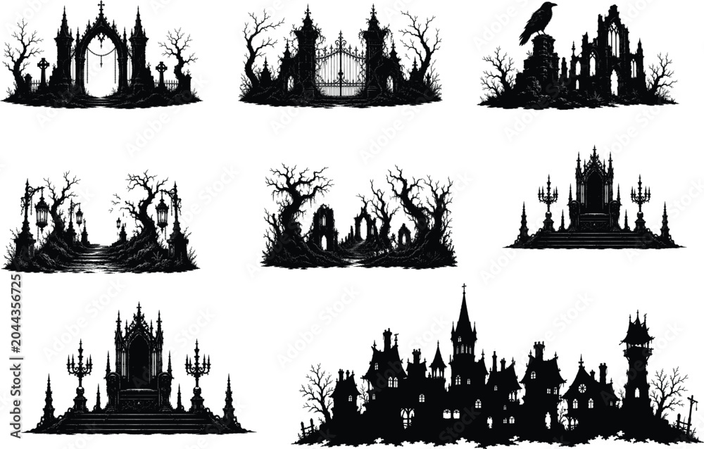 Obraz premium Spooky Gothic Silhouettes Collection Featuring Haunted Castles, Cemetery Gates, Dark Forest Ruins, Raven, and Gothic Thrones - Perfect for Halloween Designs and Horror Art Vector Illustrations.