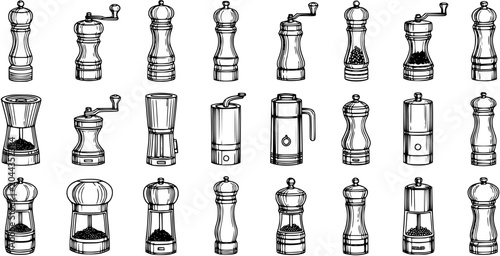 Foto Food and Kitchen Spice Grinders and Pepper Mills Hand Drawn Black and White Line