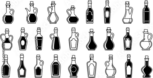 Εκτύπωση καμβά Food  Drink Black  White Line Art Icons Set: Olive Oil, Vinegar  Condiment Bottl