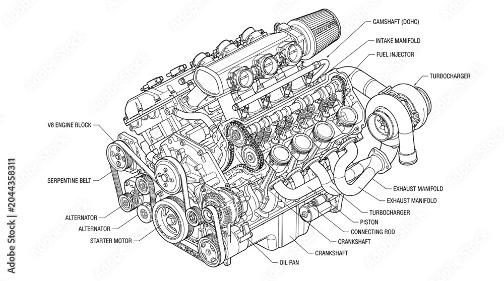 Obraz premium Engine component layout displays the intricate mechanical structure of an internal combustion motor with technical annotations.